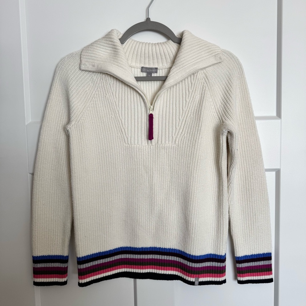T by Talbots Ivory Coolmax Half-Zip Sweater Multicolor Stripes Trim Size SP